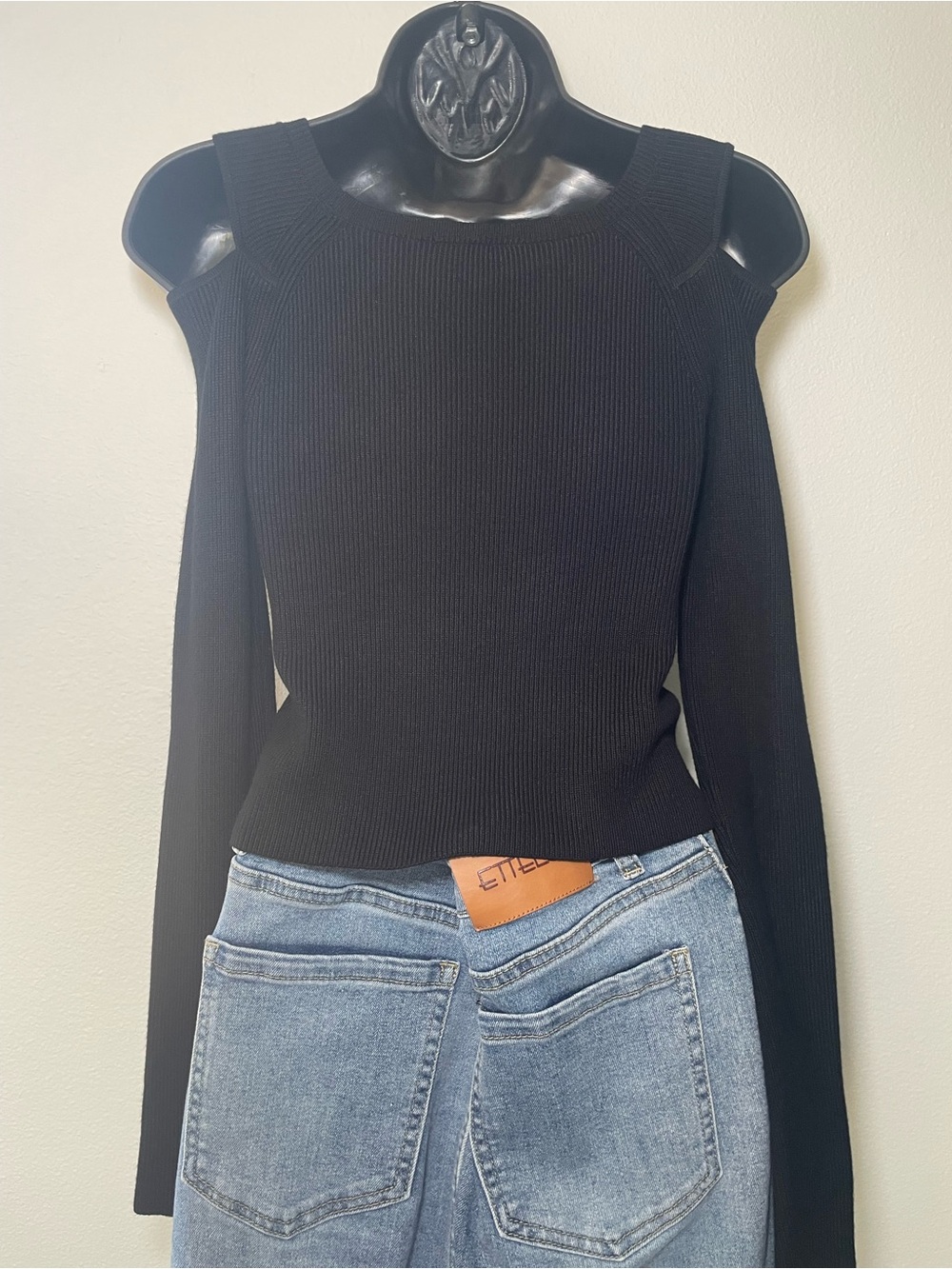 NWT Express Black Ribbed Cold Shoulder Sweater Top Small - Picture 6 of 8